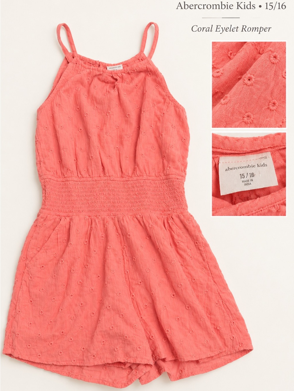 Abercrombie Kids Coral Pink Eyelet Smocked Romper 15/16